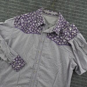 Vintage 80s Western Snap Button Shirt Mens L Purple Seashell Floral Mixed Print